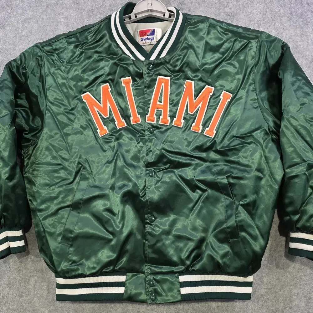 Vintage Miami Hurricanes‎ Jacket Mens XL Green NCAA Football Swingster Satin USA